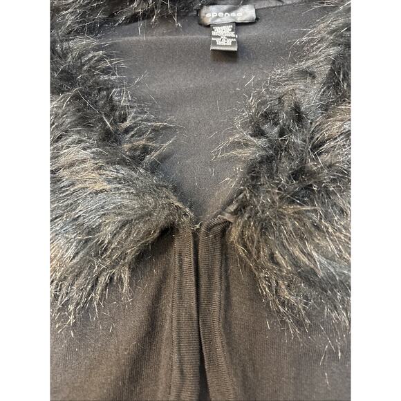 Black Faux Fur Trim Silk Blend Cardigan XL Y2K Mob Wife Witchy Goth Spense - Picture 11 of 16